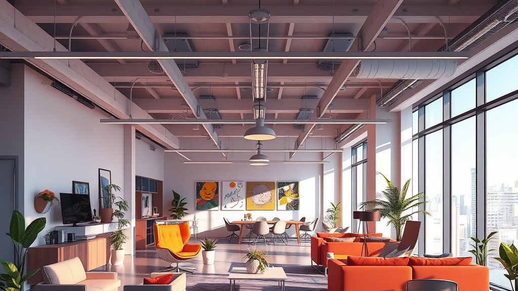 A modern Cretive Agency office interior featuring large windows, contemporary furniture, and vibrant decor elements, All tone is grey but including Pink Chair stand out form tone